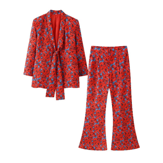 Damen Zweiteiliges Blumen-Jacquard-Blazer- und Schlaghose-Set Shop Nory