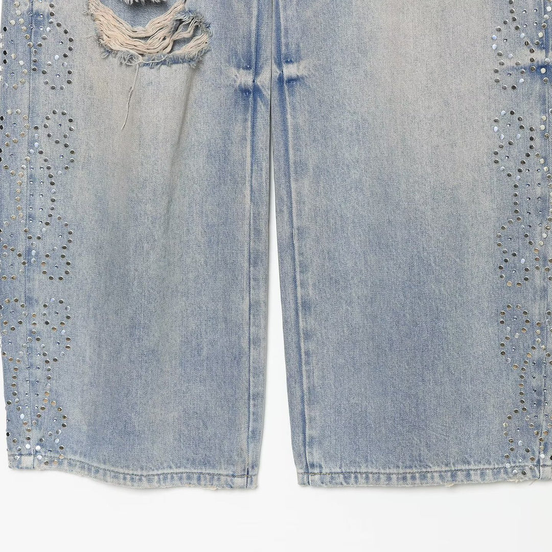 Damen Jeans mit hoher Taille, weitem Bein, Strassbesatz und Destroyed-Details Shop Nory
