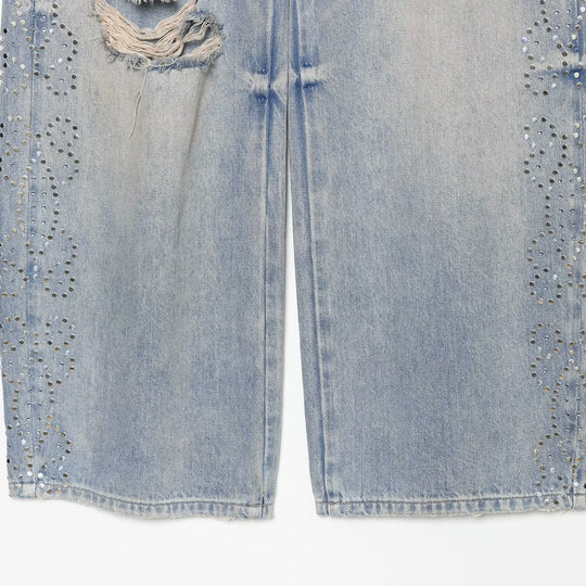 Damen Jeans mit hoher Taille, weitem Bein, Strassbesatz und Destroyed-Details Shop Nory