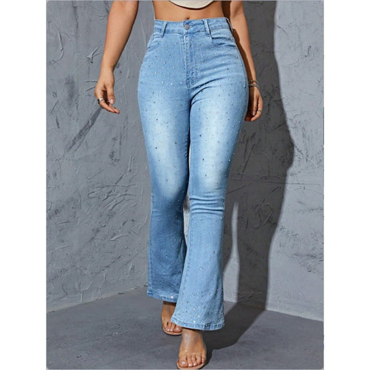 Damen Hochtaillierte Schlagjeans mit Perlenbesatz und sculptendem Stretchbund Shop Nory