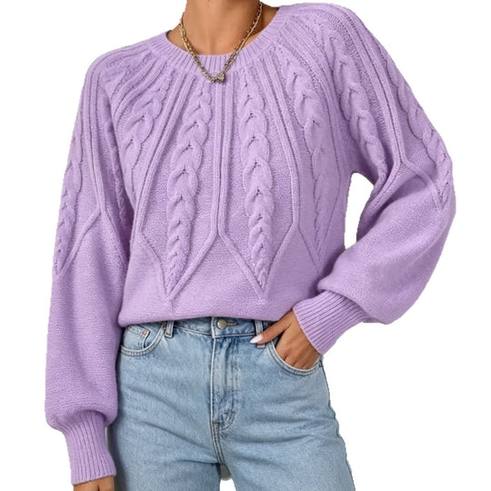 Damen kurzgeschnitteter Grobstrick-Zopfpullover mit Ballonärmeln Shop Nory