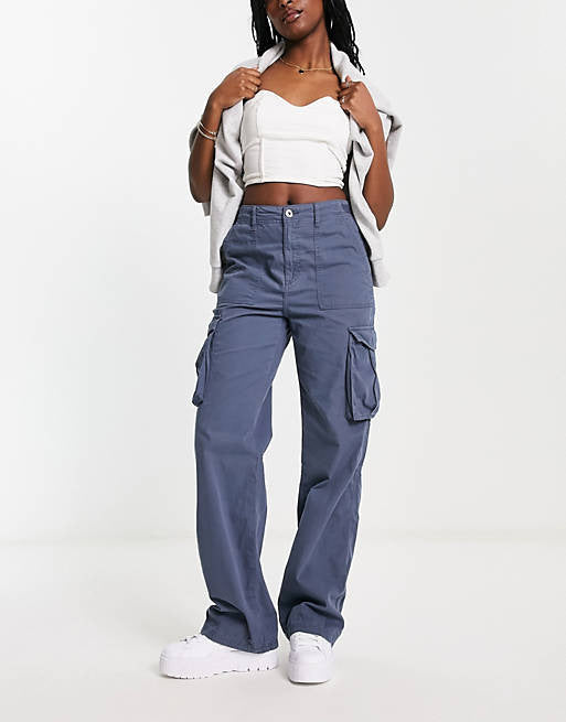 Damen nan weite High-Waist Cargo-Hose mit aufgesetzten Pattentaschen und geradem Bein Shop Nory