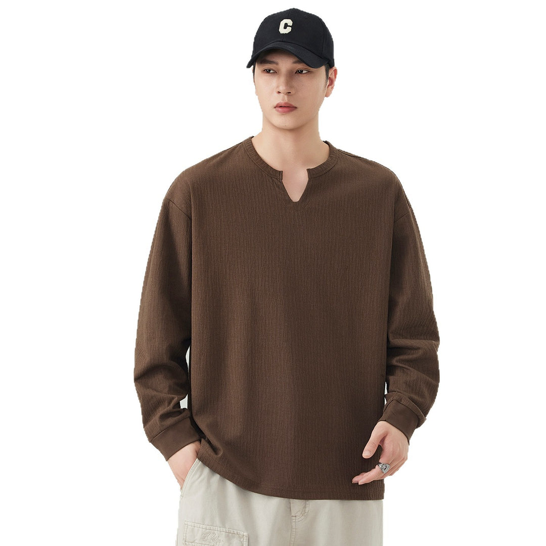 Herren Lockeres Langarmshirt mit V-Notch-Kragen und strukturierter Baumwollmischung Shop Nory