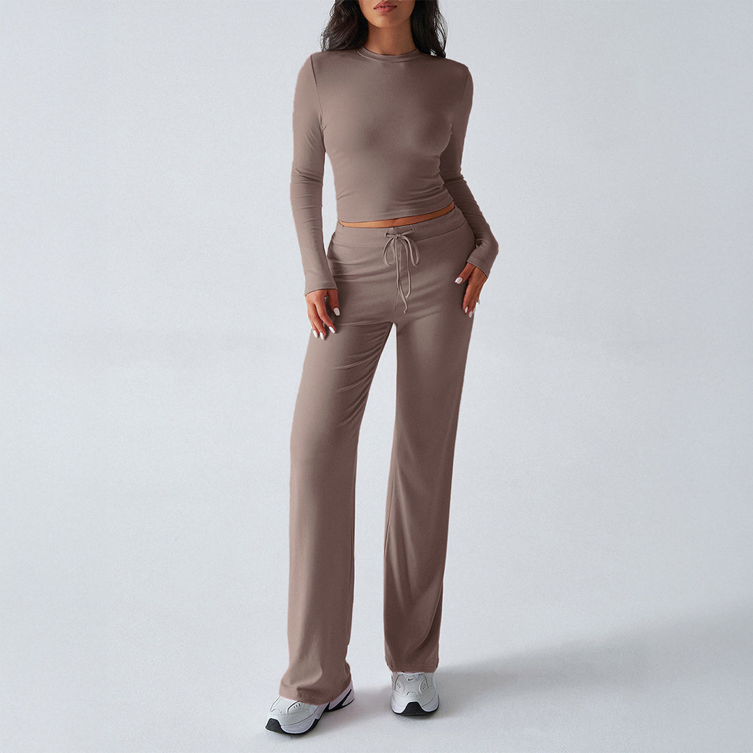 Damen nan tailliertes Longsleeve-Crop-Top und weite Lounge-Hose im Zweiteiler-Set aus Stretchjersey Shop Nory