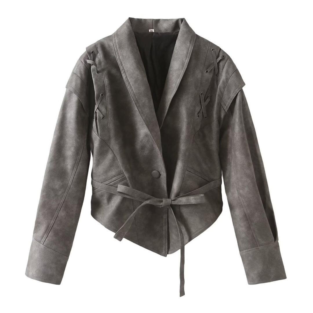 Damen Kurzjacke im Wildlederlook mit Schalkragen, Schnürdetails und Taillengürtel Shop Nory