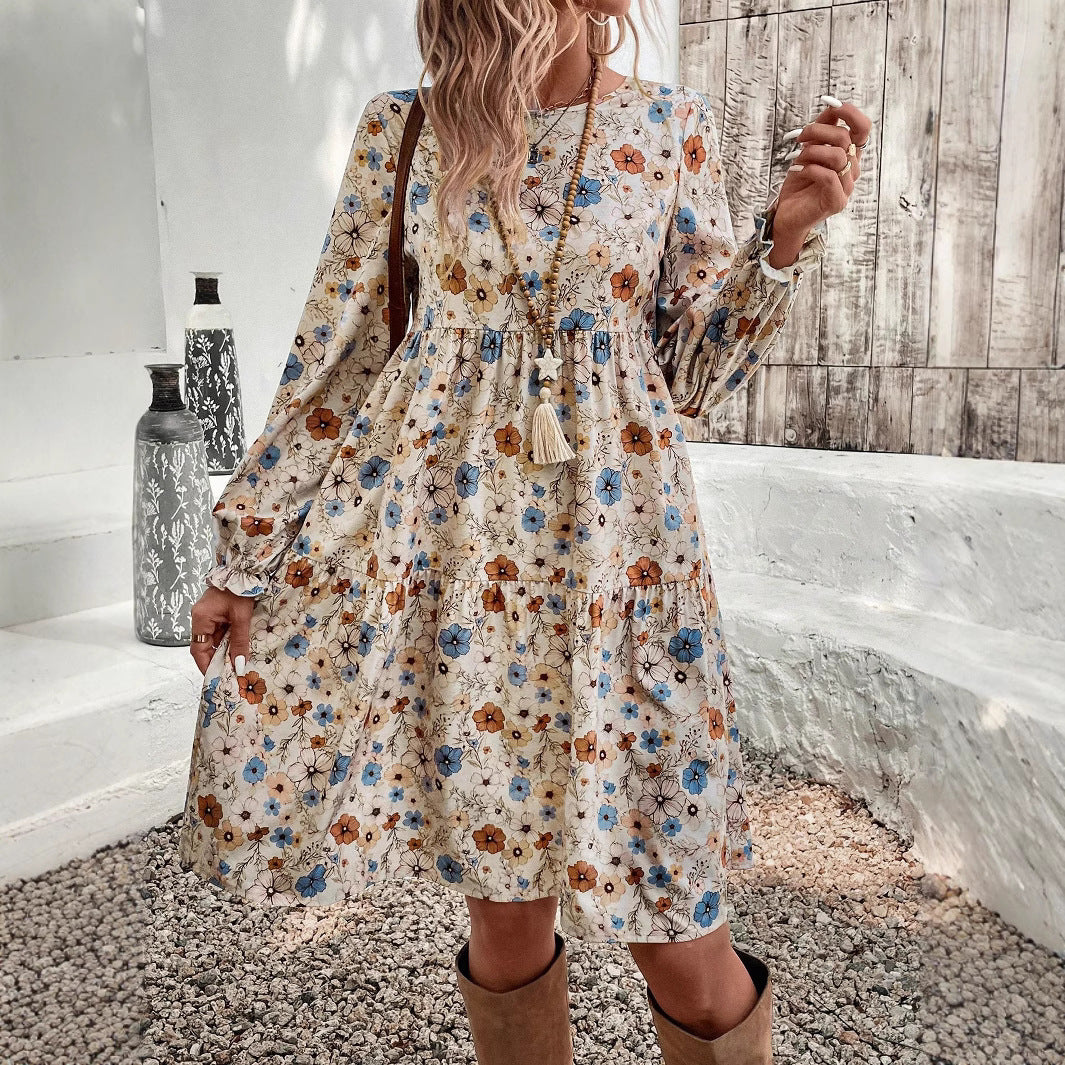 Damen Geblümtes Stufenmidikleid mit Rundhalsausschnitt, geraffter Taillenpartie und Ballonärmeln Shop Nory