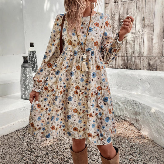 Damen Geblümtes Stufenmidikleid mit Rundhalsausschnitt, geraffter Taillenpartie und Ballonärmeln Shop Nory