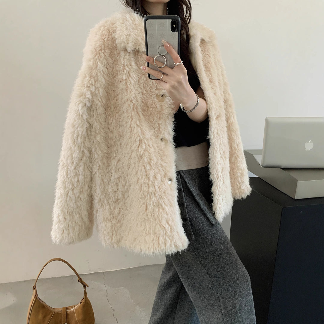 Damen Flauschiger Teddy-Mantel aus Kunstfell mit Hemdkragen und Boxy‑Silhouette Shop Nory