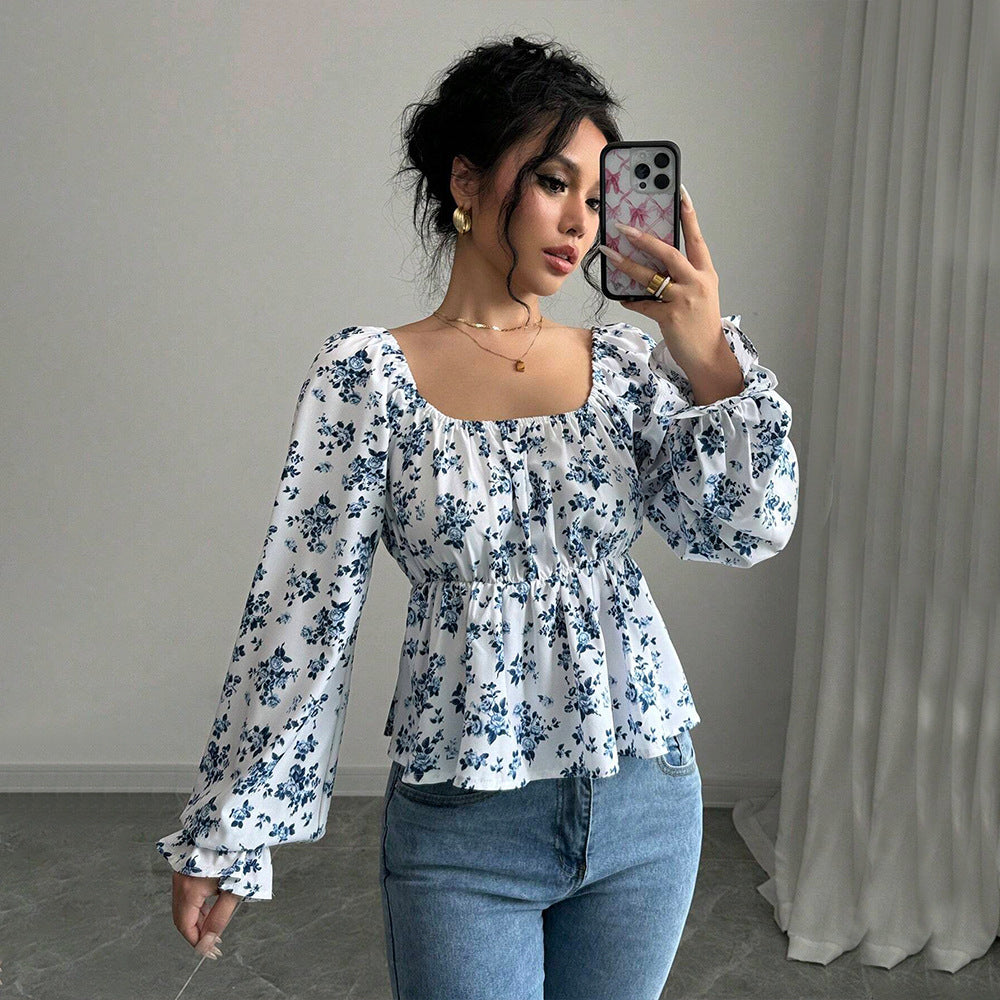 Damen geblümtes Carmen-Top mit geraffter Taillenlinie und Volant-Saum Shop Nory