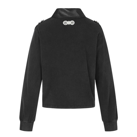 Damen Polo‑Sweatshirt im Military‑Style mit dekorativen Kordelprints und Lederkragen Shop Nory