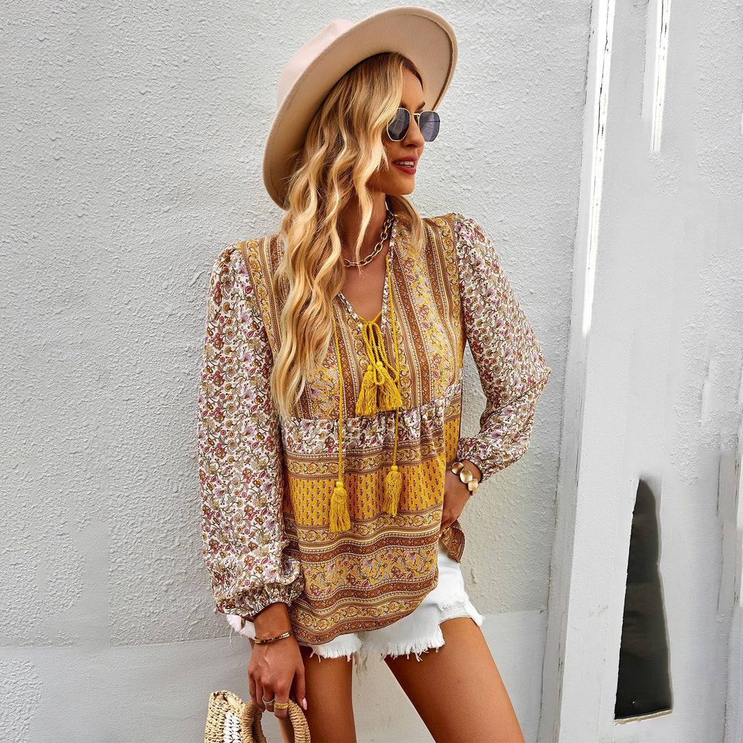 Damen nan lockere Boho-Tunika-Bluse mit V-Ausschnitt, Quasten-Tie und gerafften Ballonärmeln Shop Nory