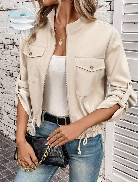 Damen Kurze Bomberjacke mit Reißverschluss und Taschen