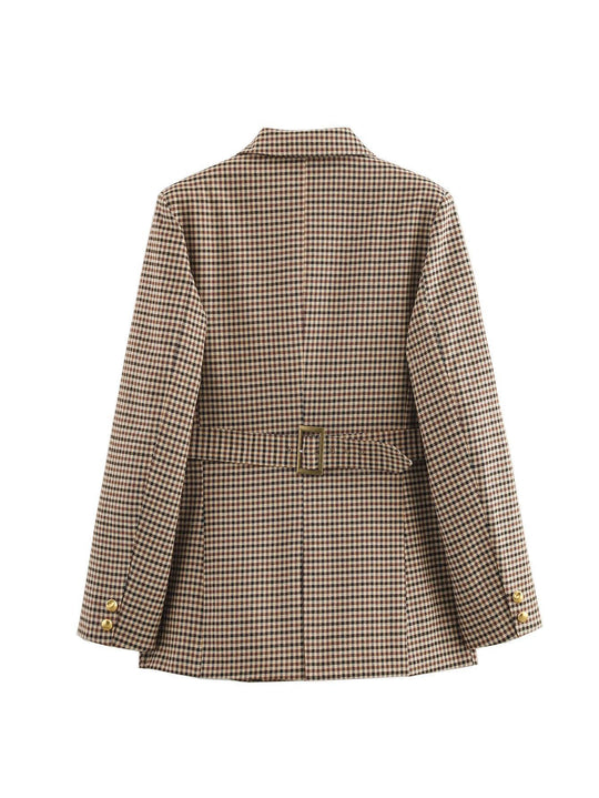 Damen karierten Blazer mit goldenen Knöpfen und praktischen Taschen Shopnory