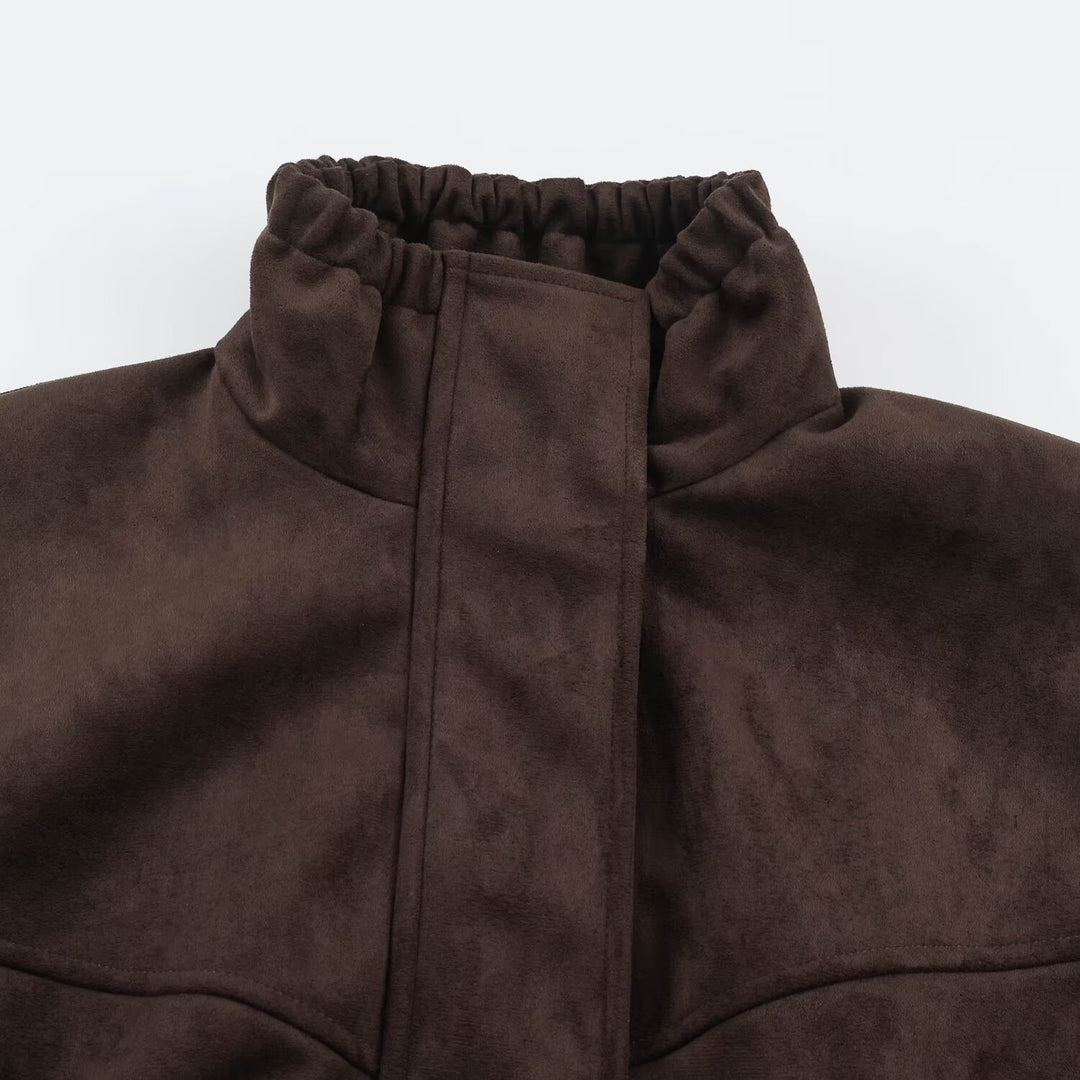 Damen Kurze Velours‑Optik Jacke mit Tunnelzug‑Taillierung, hohem Stehkragen und verstellbaren Manschetten Shop Nory