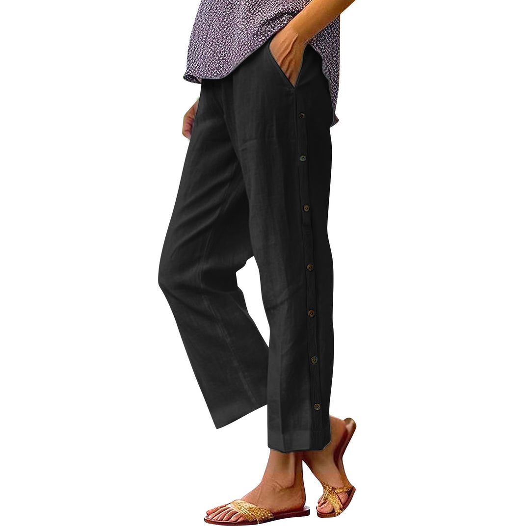 Damen Cropped Weitbeinige Knopf-Trim Leinen-Mischung Casual Hose Shop Nory