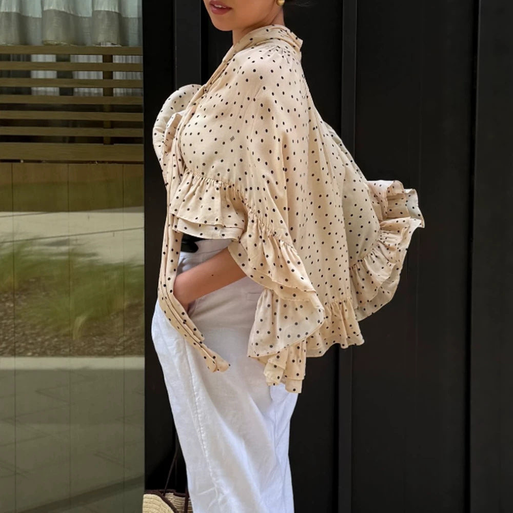 Damen transparente gepunktete Chiffon-Cropped-Bluse mit Krawattenband, Volants und Cape-Schnitt Shop Nory