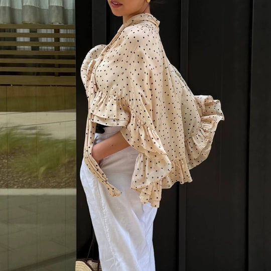 Damen transparente gepunktete Chiffon-Cropped-Bluse mit Krawattenband, Volants und Cape-Schnitt Shop Nory