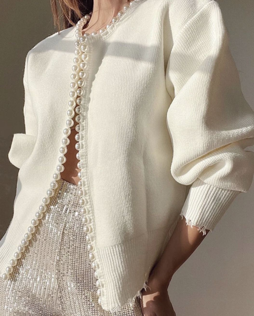 Damen Perlenverzierter Feinstrick-Cardigan mit Ballonärmeln Shop Nory