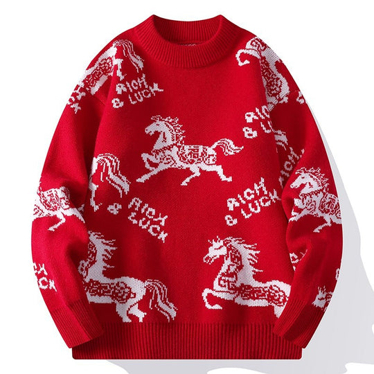 Herren Verspielter Grobstrickpullover mit Pferdemotiv Shop Nory