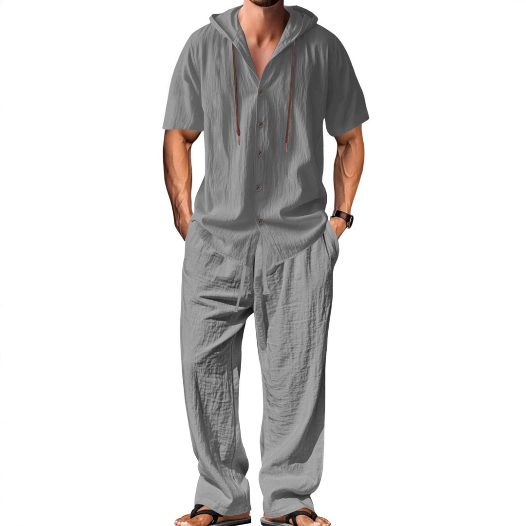 Herren nan luftiges Leinen-Lounge-Set mit kurzärmeligem Kapuzenhemd und gerader Relaxhose