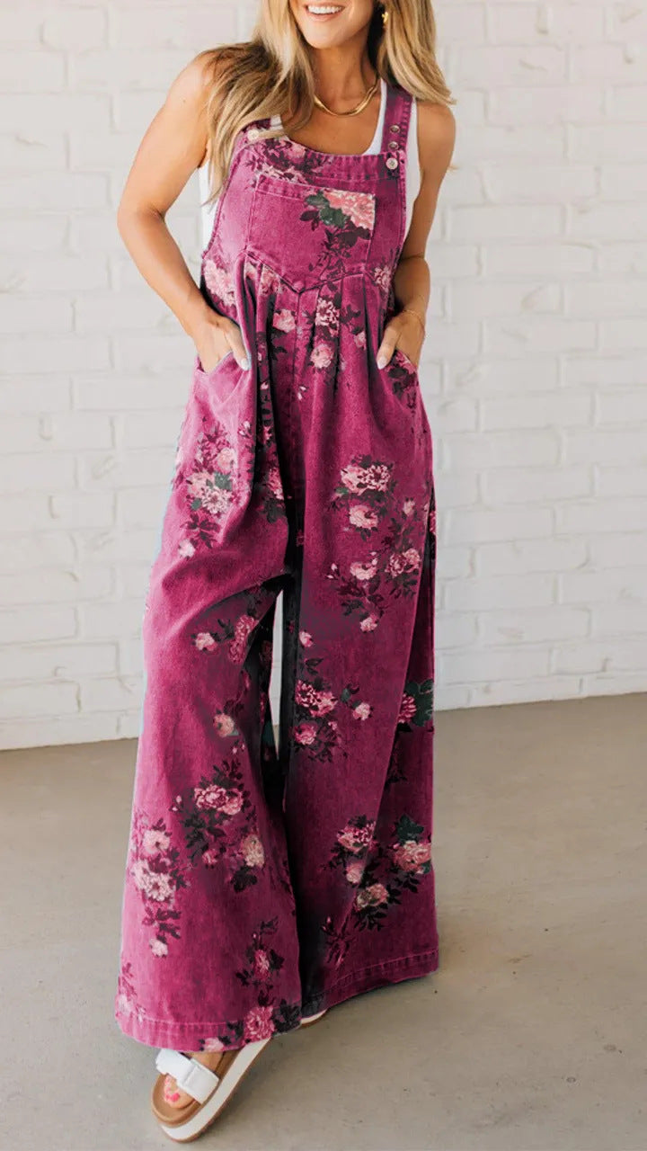 Damen Lässiger Denim-Hosenanzug mit floralem Print und weiten Beinen