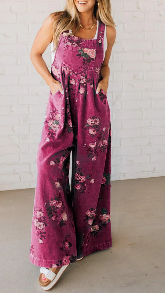 Damen Lässiger Denim-Hosenanzug mit floralem Print und weiten Beinen
