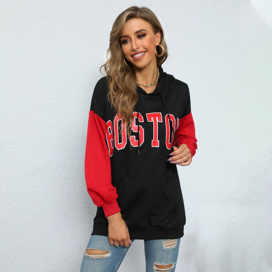 Damen Oversize Kapuzenpullover mit Blockingärmeln und Boston-Frontprint Shop Nory