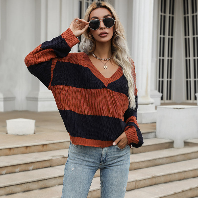 Damen Oversize-Chunky-Strickpullover mit schulterfreiem Fall, breiten Blockstreifen und geripptem Saum Shop Nory
