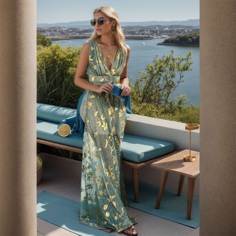 Damen Elegantes Maxi-Kleid mit filigranem Goldmuster und V-Ausschnitt