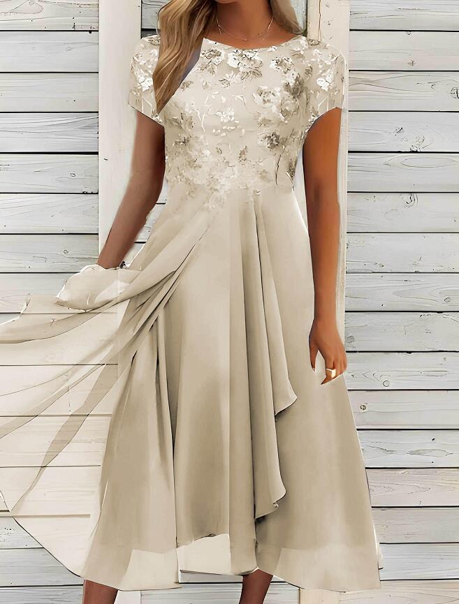 Damen nan fließendes Chiffon-Midikleid mit blumenbesticktem Oberteil und asymmetrischem Stufenrock