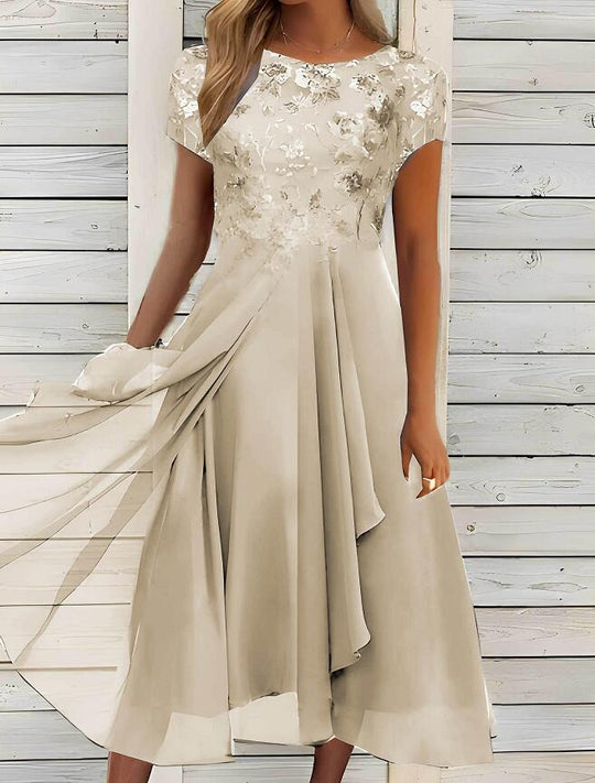 Damen nan elegantes Chiffon-Midikleid mit floraler Spitzenapplikation und fließendem Tellerrock
