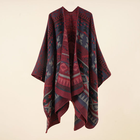 Damen Grobgewebter Ethno-Poncho mit Fransen Shop Nory