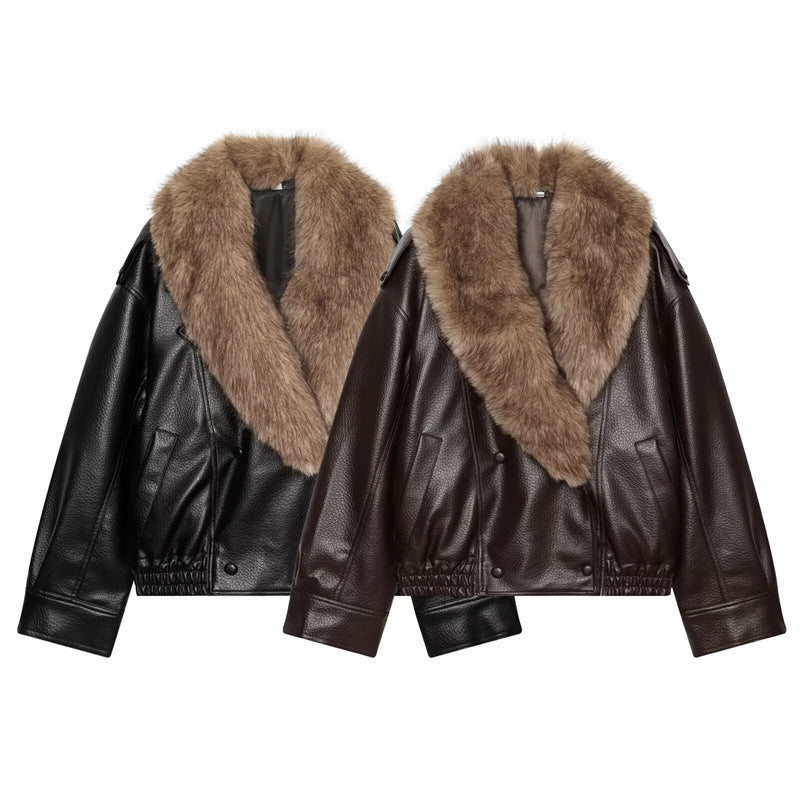 Damen Kurz geschnittene Lederjacke mit vollem Pelzkragen und elastischem Saum Shop Nory