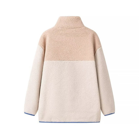Damen Oversize Teddy-Fleecejacke mit Stehkragen, Reißverschlusstaschen und Nylon-Brusttasche Shop Nory