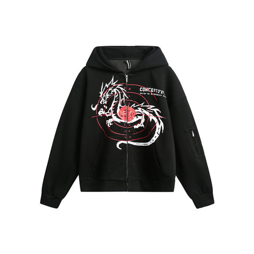 Unisex Oversize Kapuzen-Zipjacke mit Drachenprint und Ärmeltasche Shop Nory