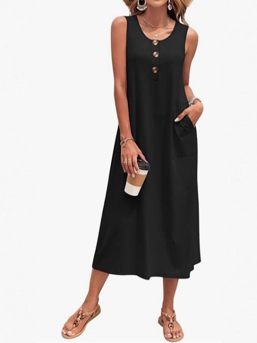Damen Lässiges Midikleid mit Taschen und Knopfdetails Shopnory