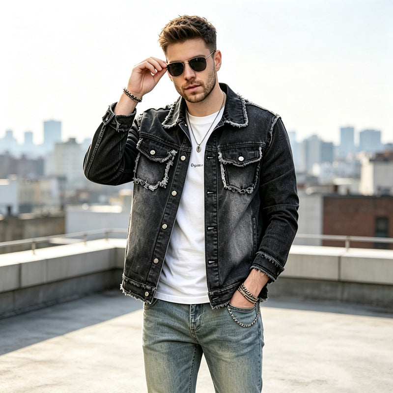 Herren Modische Jeansjacke mit Fransen Shop Nory