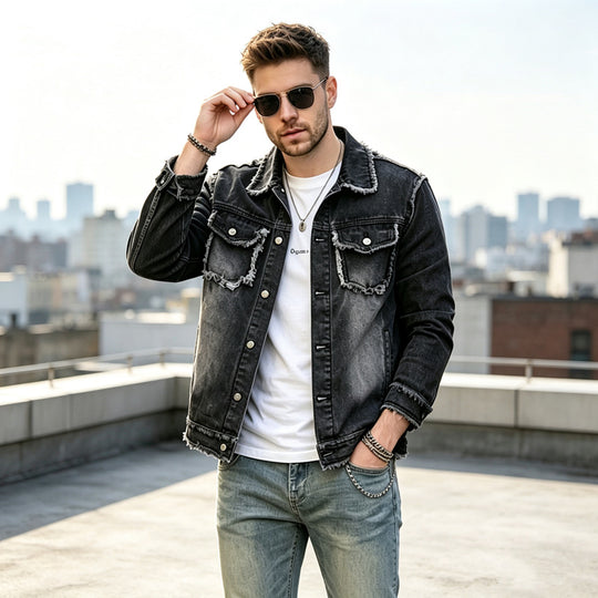 Herren Modische Jeansjacke mit Fransen Shop Nory