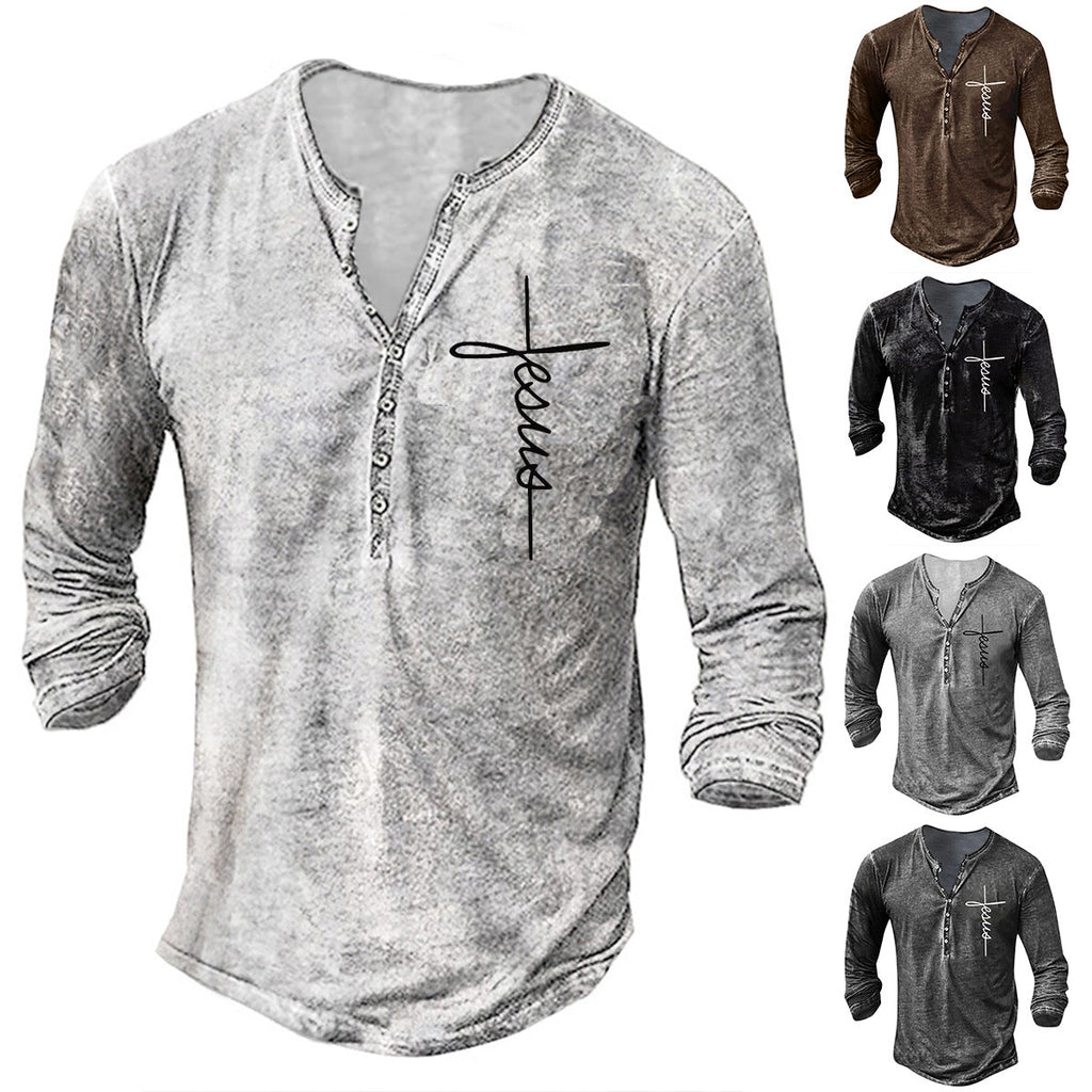 Herren Langarm Henley-Shirt mit kreativem Grafikdruck