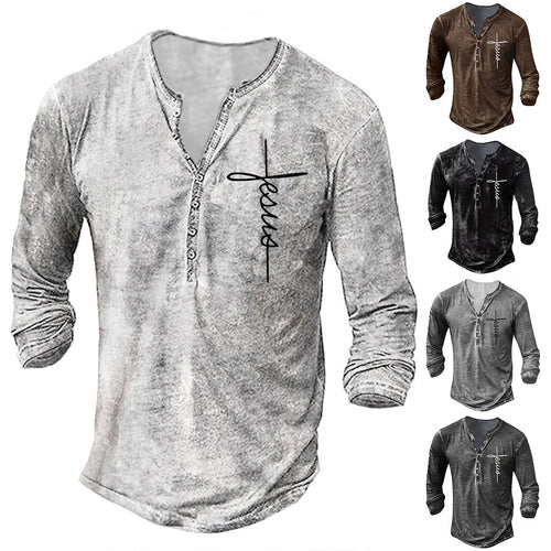 Herren Langarm Henley-Shirt mit kreativem Grafikdruck