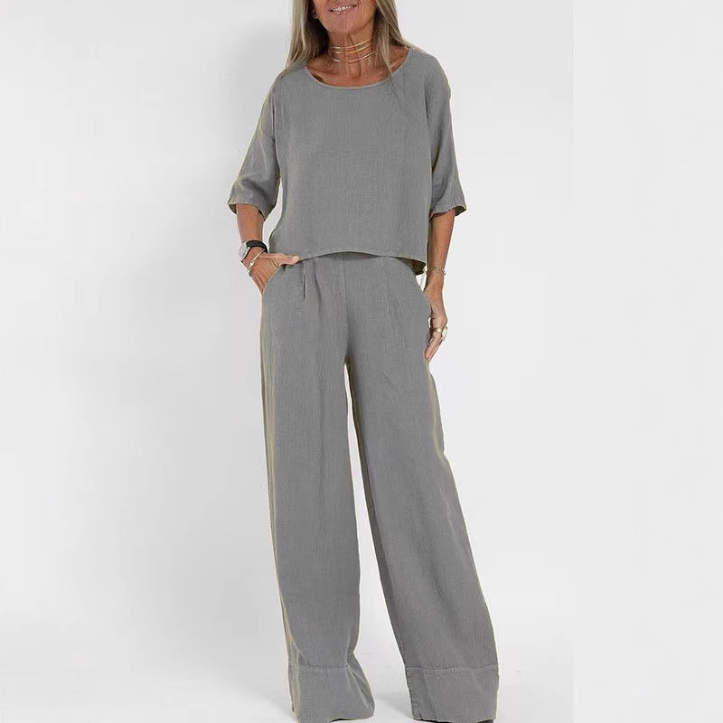 Damen luftiges Leinen-Ensemble mit weitem Schnitt und praktischen Taschen