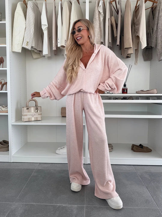 Damen Loungewear-Anzug aus weichem Fleece mit Kapuze und weitem Schnitt Shopnory