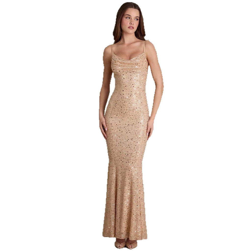Damen elegantes Pailletten-Maxi-Kleid mit schickem Wasserfallausschnitt und figurbetonter Silhouette Shopnory