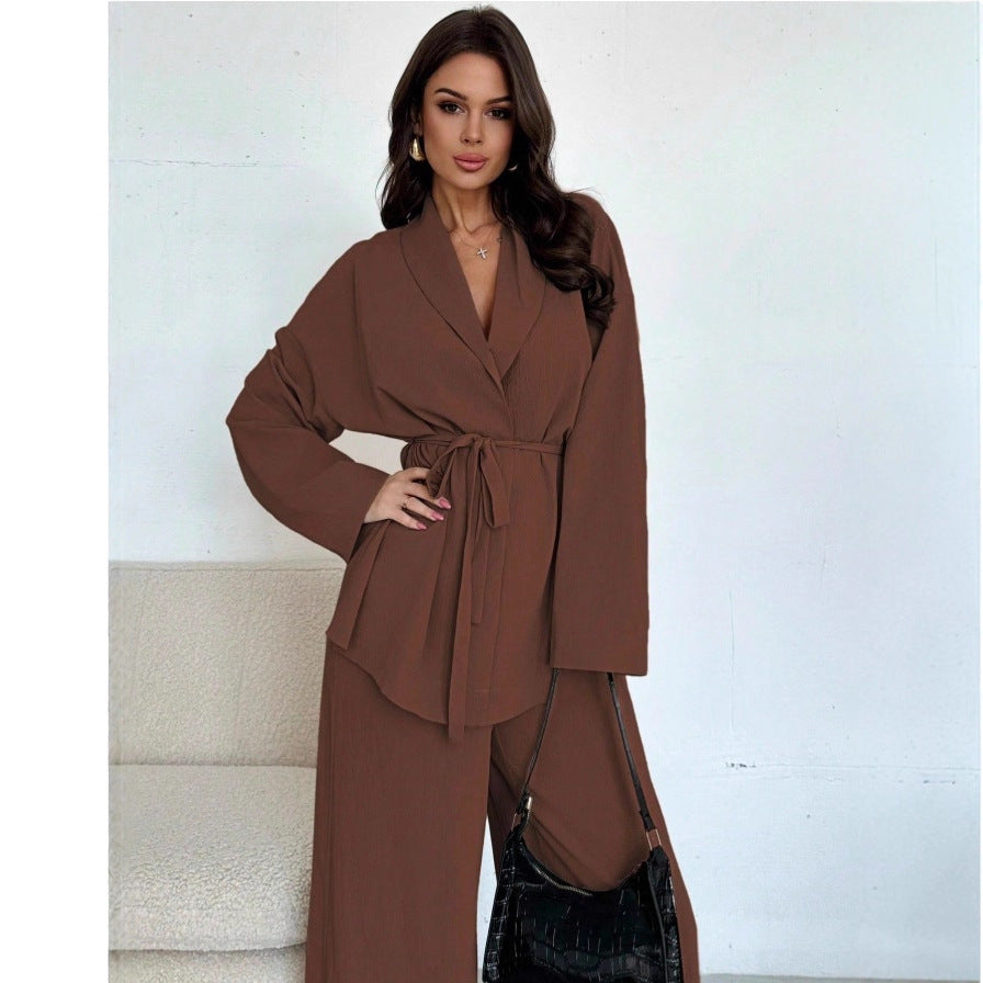 Damen Entspannter Wickelblazer und Weite-Hosen Set Shop Nory