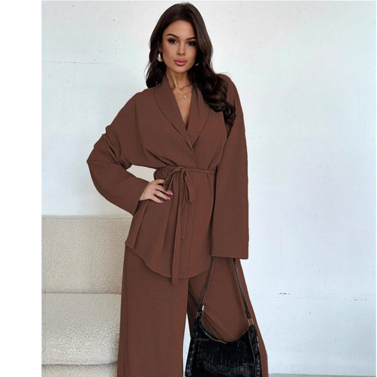 Damen Entspannter Wickelblazer und Weite-Hosen Set Shop Nory