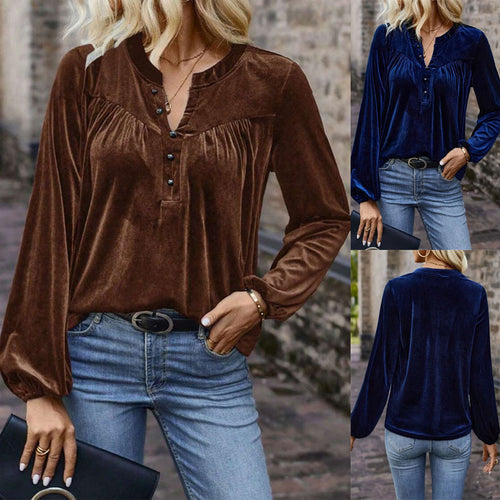 Damen Samtbluse mit Knopf‑Henley, geraffter Brustpasse und lockerer Passform Shop Nory