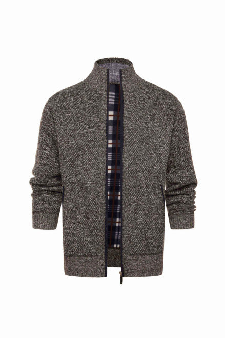 Herren gebürstete Strickjacke mit kariertem Thermofutter und Stehkragen Shop Nory