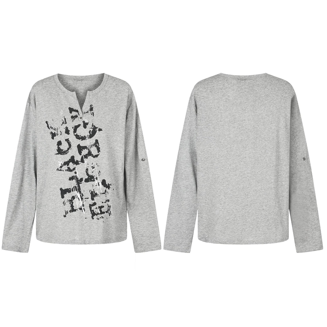 Damen Lässiges Langarmshirt mit Notch‑Ausschnitt, Oversize‑Silhouette und Druckgrafik Shop Nory