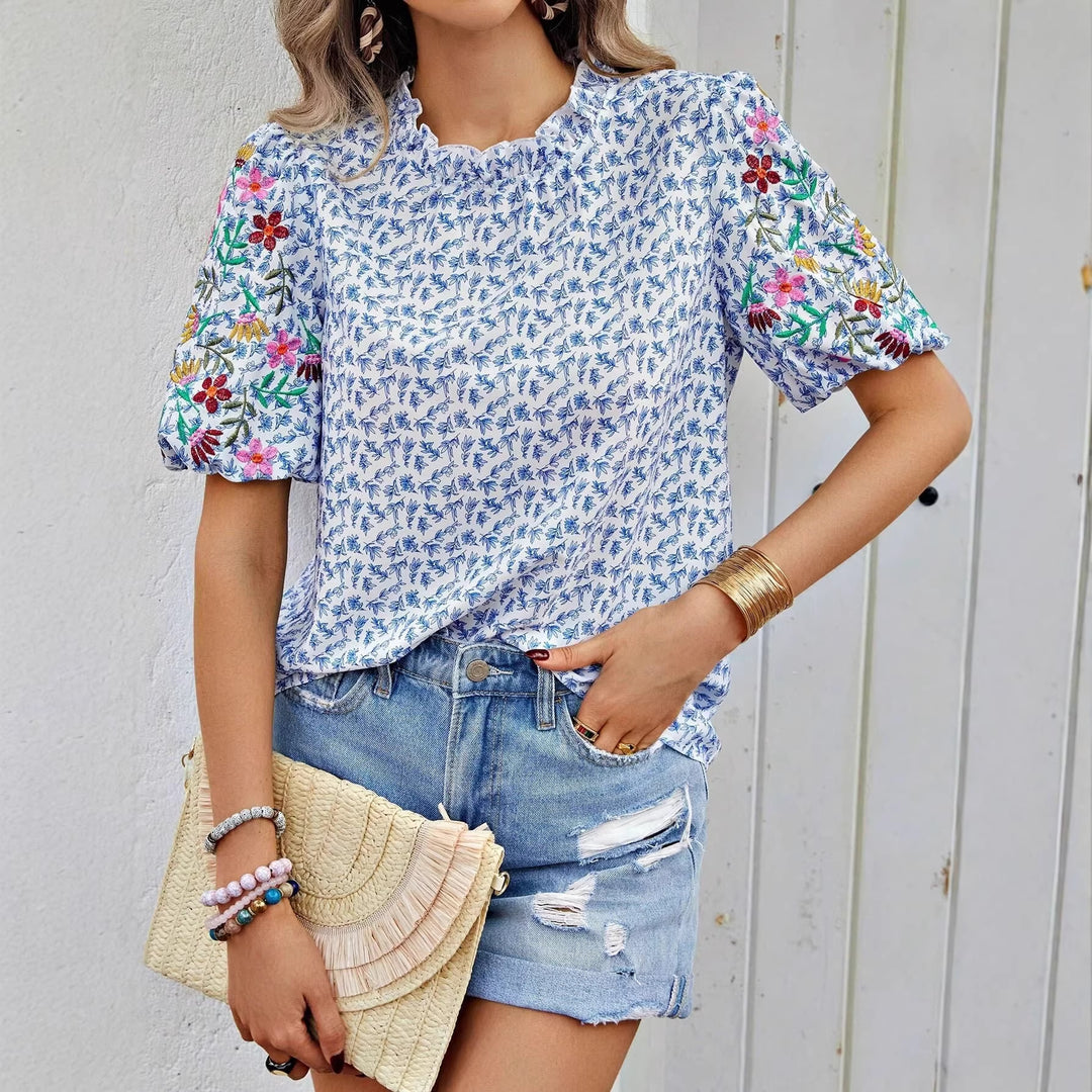 Damen Geblümte Bluse mit bestickten Puffärmeln und gewelltem Ausschnitt Shop Nory