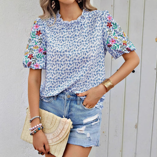 Damen Geblümte Bluse mit bestickten Puffärmeln und gewelltem Ausschnitt Shop Nory